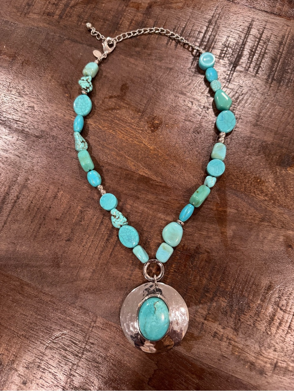 Chico's Chunky Turquoise Beaded Statement Necklace with Silver Pendant